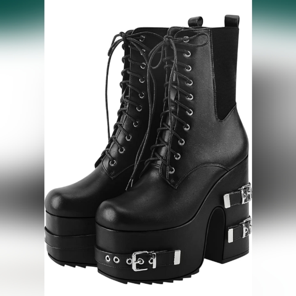 DUSVOIK Women’s Gothic Buckled Platform High Heel Lace-up Combat Ankle Boots -11